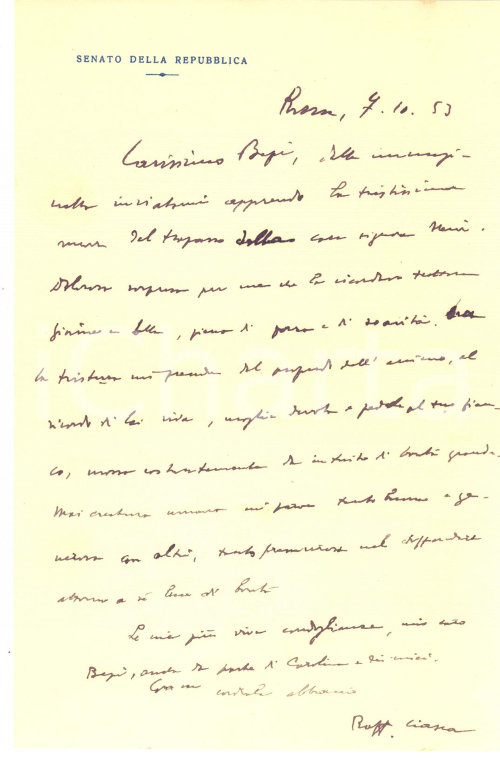 Autografo originale 1953 ROMA Lettera senatore Raffaele CIASCA per condoglianze  Autografo 1