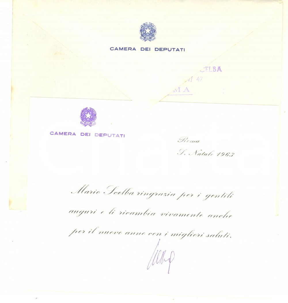 1963 ROMA Camera dei Deputati - Mario SCELBA - Biglietto auguri AUTOGRAFO Biglietto di auguri con firma autografa di Mario Scelba. Busta intestata.CONDIZIONI: G    originale e autentica 1