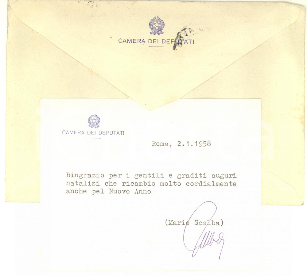 Autografo originale 1958 ROMA Camera dei Deputati  Mario SCELBA  Biglietto auguri AUTOGRAFO 1