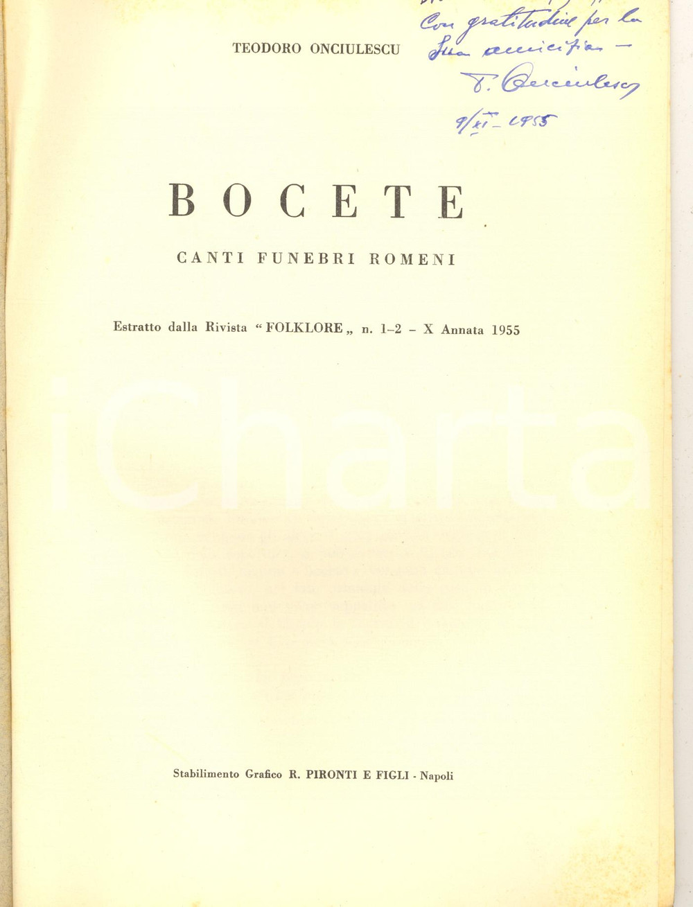 Libro, pubblicazione d epoca 1935 Teodoro D. ONCIULENCU Bocete  Canti funebri romeni  Invio AUTOGRAFO 1