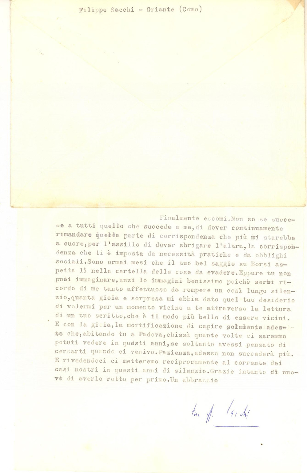 Autografo originale 1965 GRIANTE CO Lettera Filippo SACCHI per ringraziamento  Autografo 1