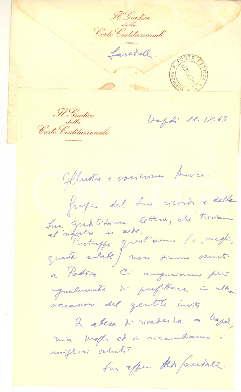 1963 NAPOLI Lettera Aldo SANDULLI - Giudice Corte Costituzionale - Autografo Lettera interamente autografa del noto giurista Aldo Sandulli, su carta intestata.Busta viaggiata.CONDIZIONI: FAIR (piegature d'epoca)PAGINE: 1    originale e autentica 1