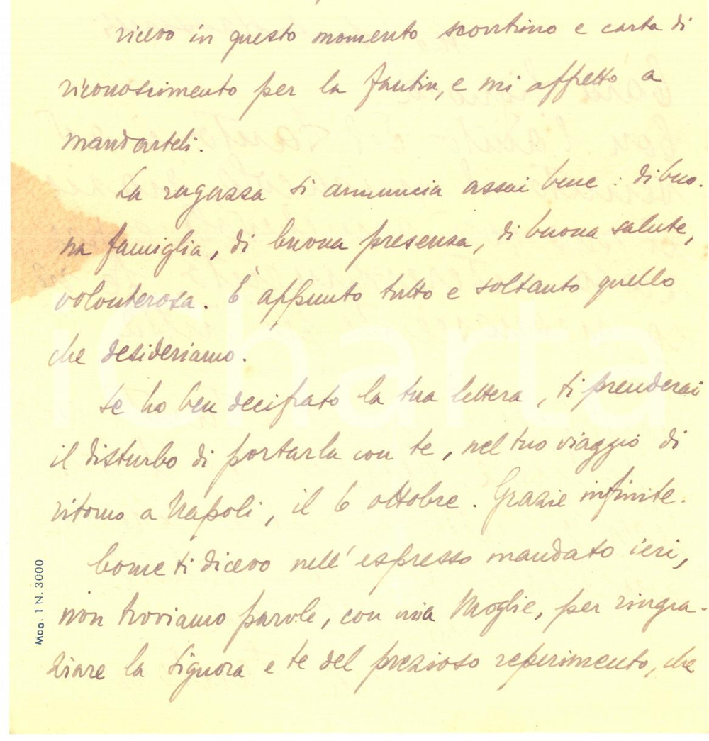 1946 NAPOLI Lettera Francesco SANTORO-PASSARELLI per ringraziamento - Autografo Lettera autografa, su carta intestata "R. Universit&agrave; di Napoli - Istituti Giuridici".CONDIZIONI: FAIR (piegatura centrale d'epoca e macchia al lato sinistro)PAGINE: 1 (2 facciate)    originale e autentica 1