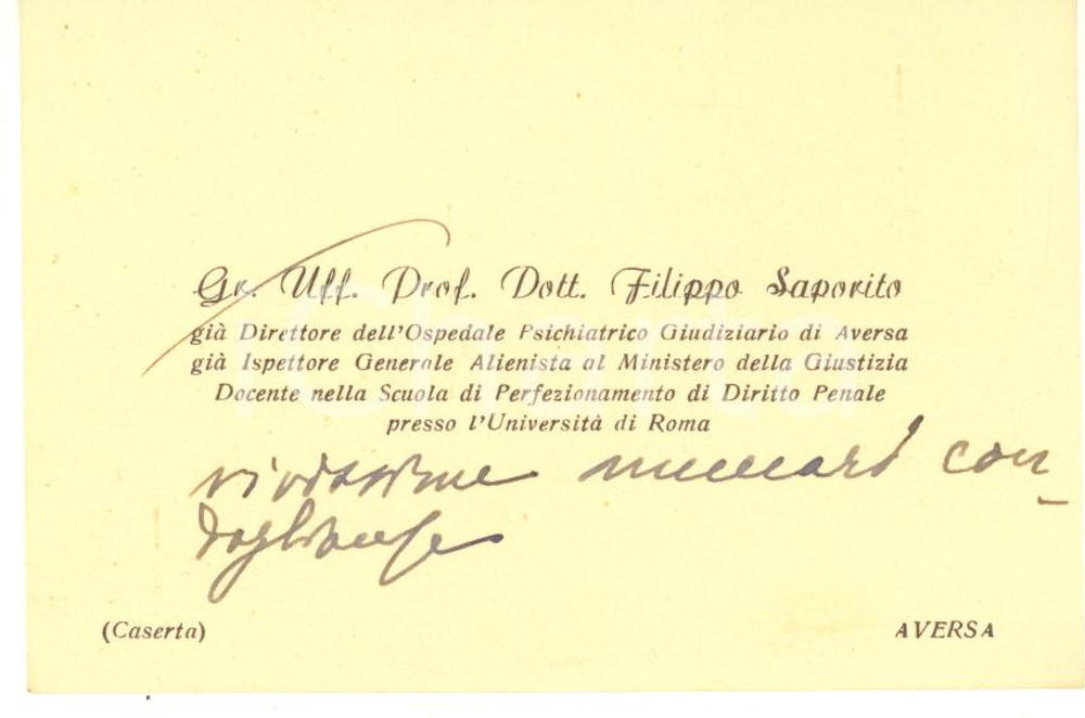 Autografo originale 1950 ca AVERSA Psichiatra Filippo SAPORITO  Biglietto da visita AUTOGRAFO 1