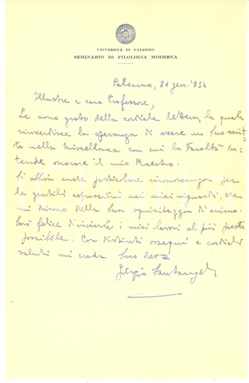 1954 UniversitÃ  di PALERMO Lettera Giorgio SANTANGELO a un collega - AUTOGRAFO Lettera interamente autografa, su carta intestata.Busta viaggiata. CONDIZIONI: G (ma piegatura centrale d'epoca) PAGINE: 1     originale e autentica 1