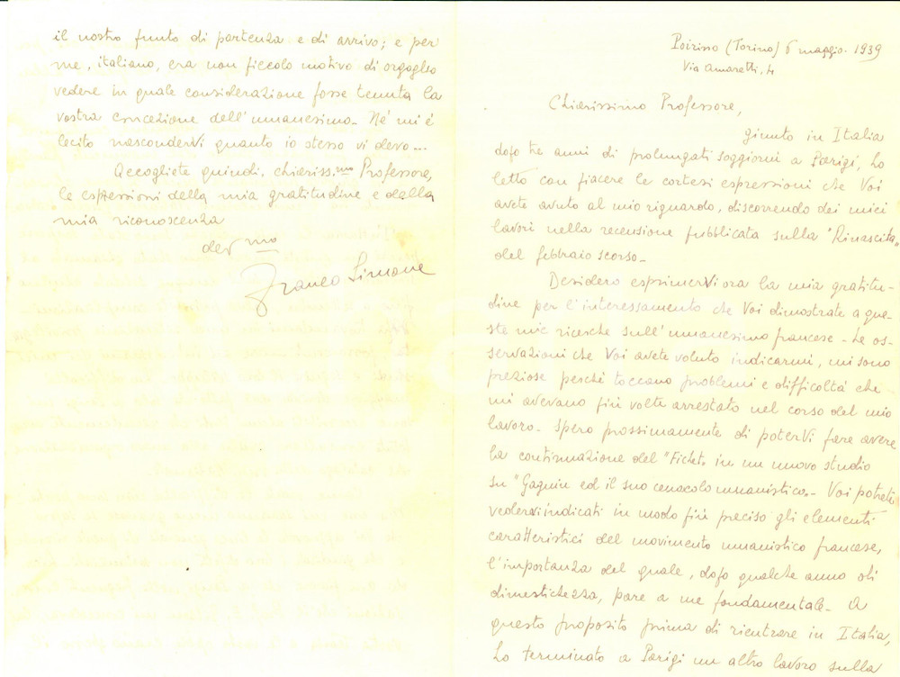 Autografo originale 1939 POIRINO Franco SIMONE soldato in difficoltÃ  negli studi  AUTOGRAFO 1