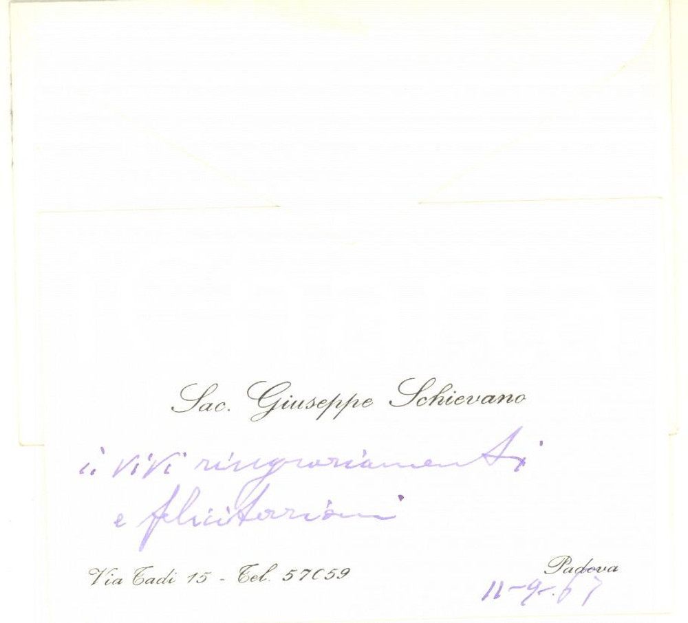 Autografo originale 1967 PADOVA Don Giuseppe SCHIEVANO Biglietto ringraziamenti AUTOGRAFO 1