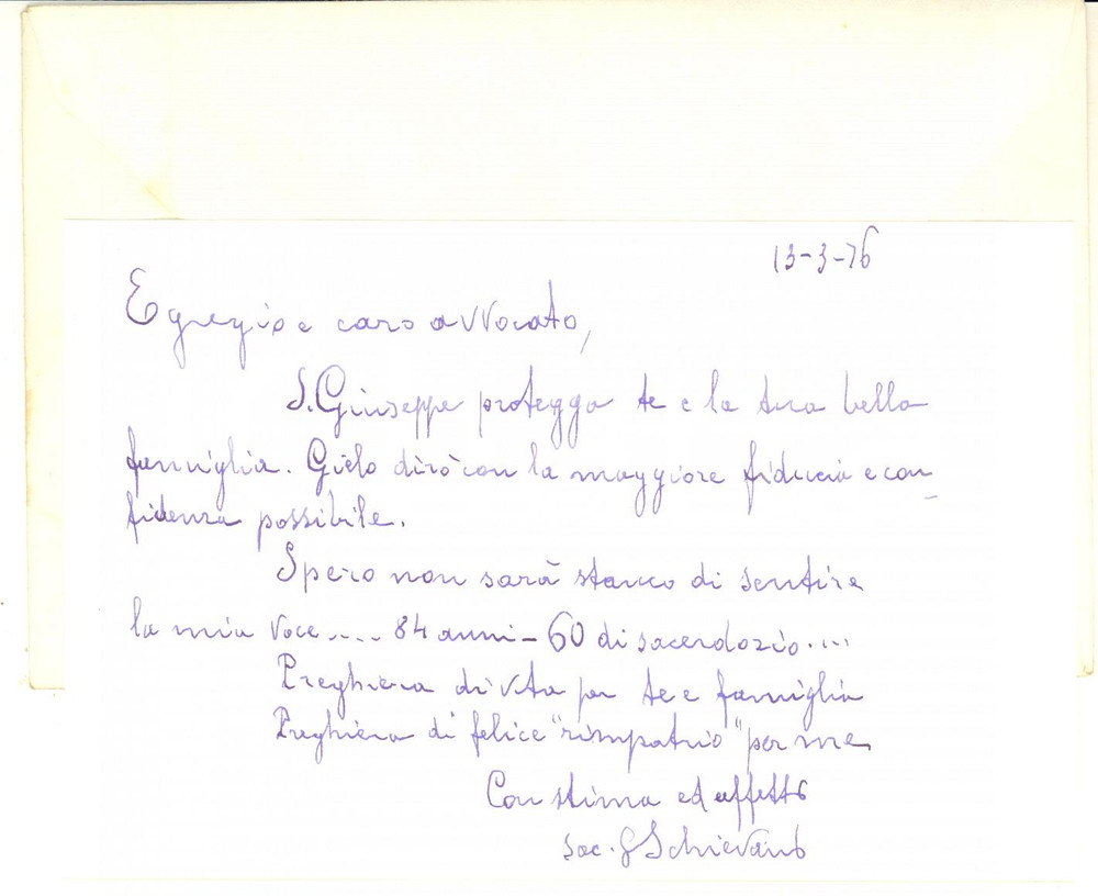 1976 PADOVA Mons. Giuseppe SCHIEVANO - Biglietto 60 anni sacerdozio - AUTOGRAFO Biglietto con messaggio autografo.Busta viaggiata.CONDIZIONI: G     originale e autentica 1