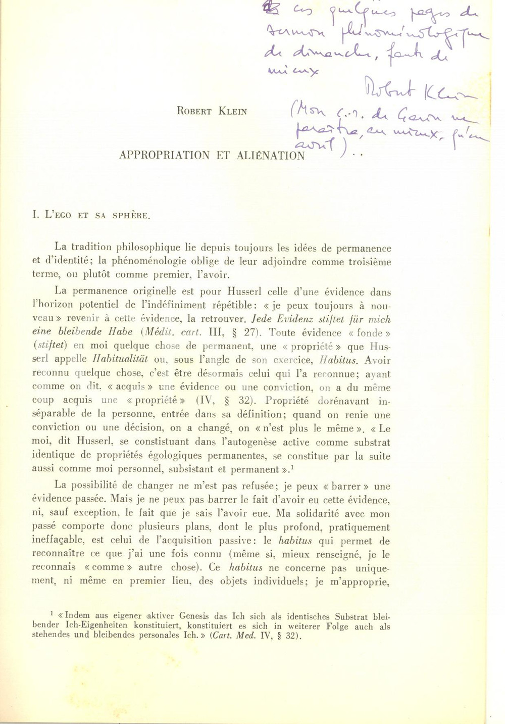 Libro, pubblicazione d epoca 1961 Robert KLEIN Appropriation et aliÃ©nation  Invio autografo 10 pp. 1