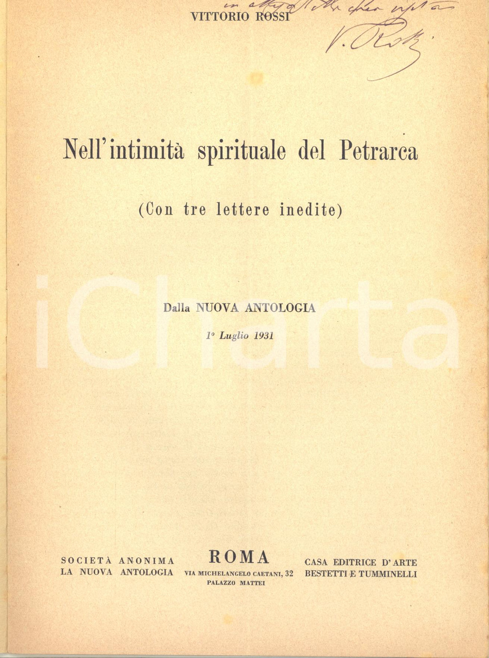Libro, pubblicazione d epoca 1931 Vittorio ROSSI Nell intimitÃ  spirituale del Petrarca  Invio autografo 1