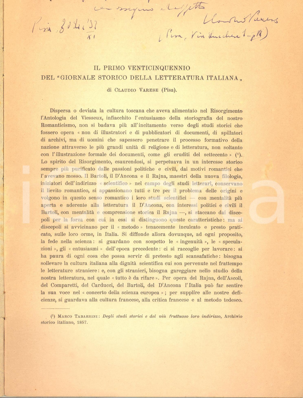 Libro, pubblicazione d epoca 1932 Claudio VARESE Il primo venticinquennio del Giornale storico  Autografo 1