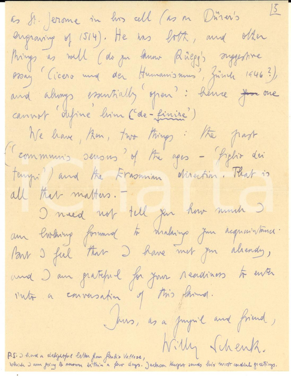 Autografo originale 1949 EXETER William SCHENK e il dibattito su un Umanesimo cristiano  AUTOGRAFO 1