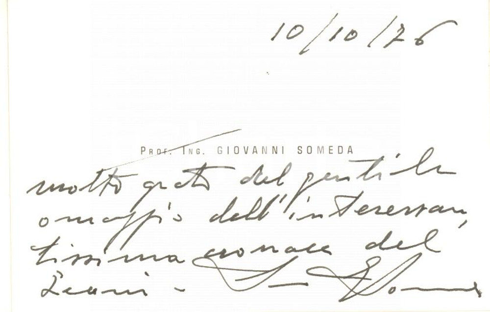 1976 PADOVA Ing. Giovanni SOMEDA - Biglietto per ringraziamento - AUTOGRAFO Biglietto da visita con messaggio autografo.CONDIZIONI: G     originale e autentica 1