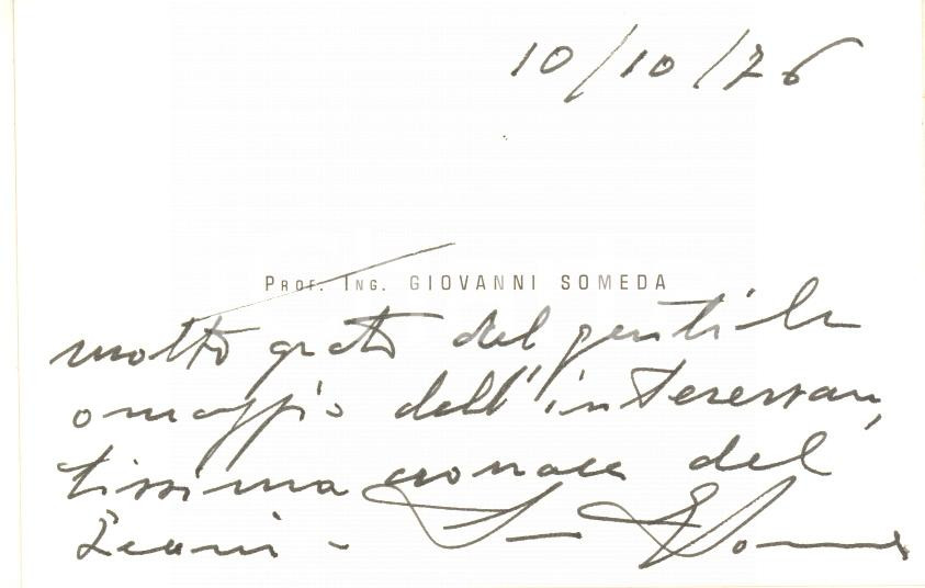 Autografo originale 1976 PADOVA Ing. Giovanni SOMEDA  Biglietto per ringraziamento  AUTOGRAFO 1