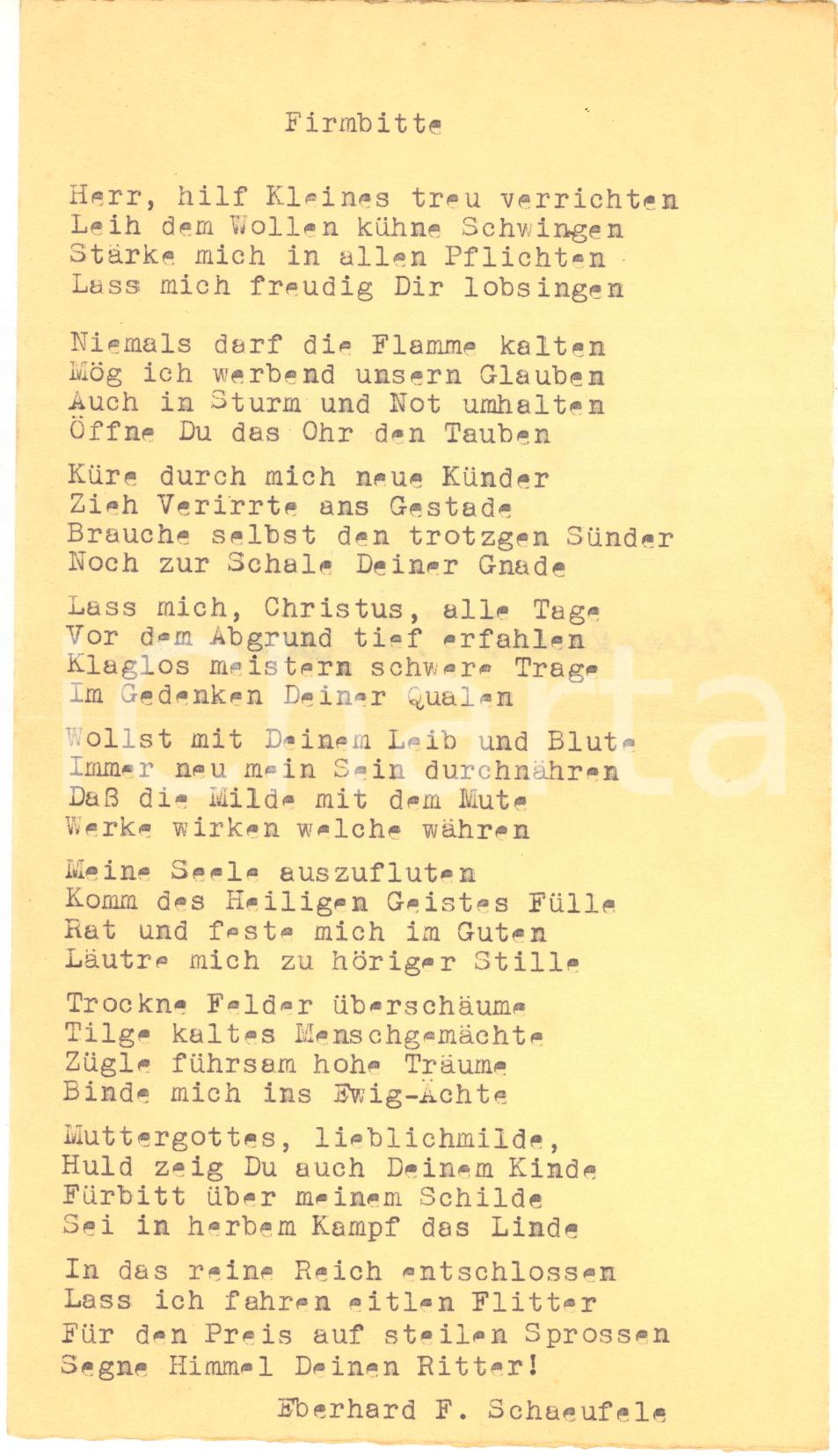 Autografo originale 1947 ? EICHSTAETT Eberhard SCHAEUFELE  Lirica a un collega  AUTOGRAFO 1