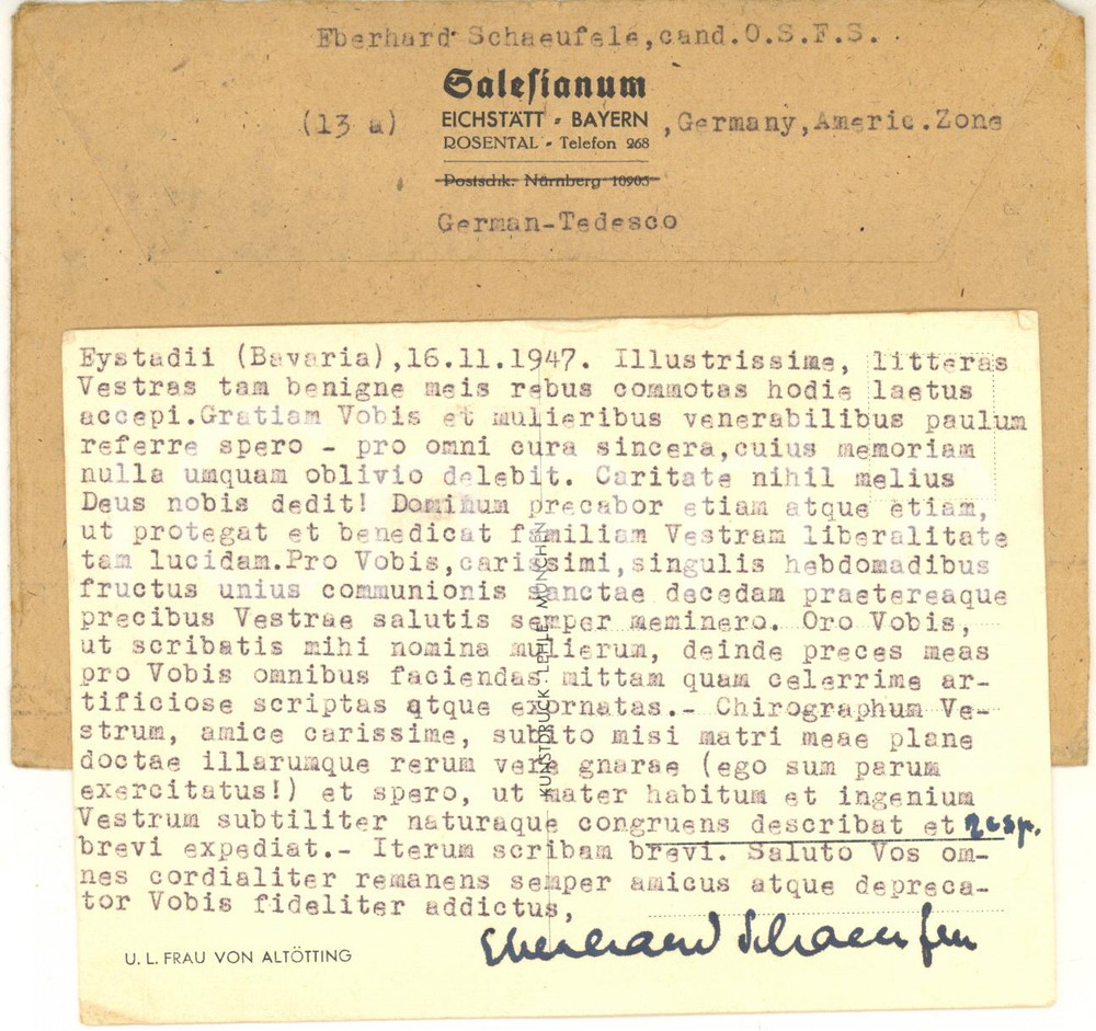 1947 EICHSTAETT SALESIANUM Biglietto Eberhard SCHAEUFELE a un collega AUTOGRAFO Biglietto dattiloscritto, con firma autografa.Busta intestata e viaggiata.CONDIZIONI: FAIR (piegature d'epoca)    originale e autentica 1