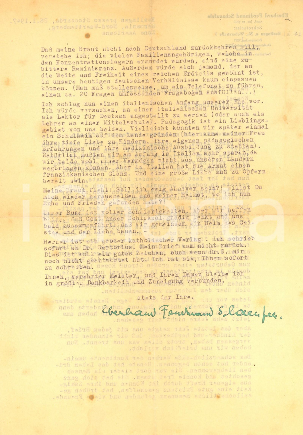 Autografo originale 1947 ESSLINGEN Lettera Eberhard SCHAEUFELE a un collega italiano  AUTOGRAFO 1