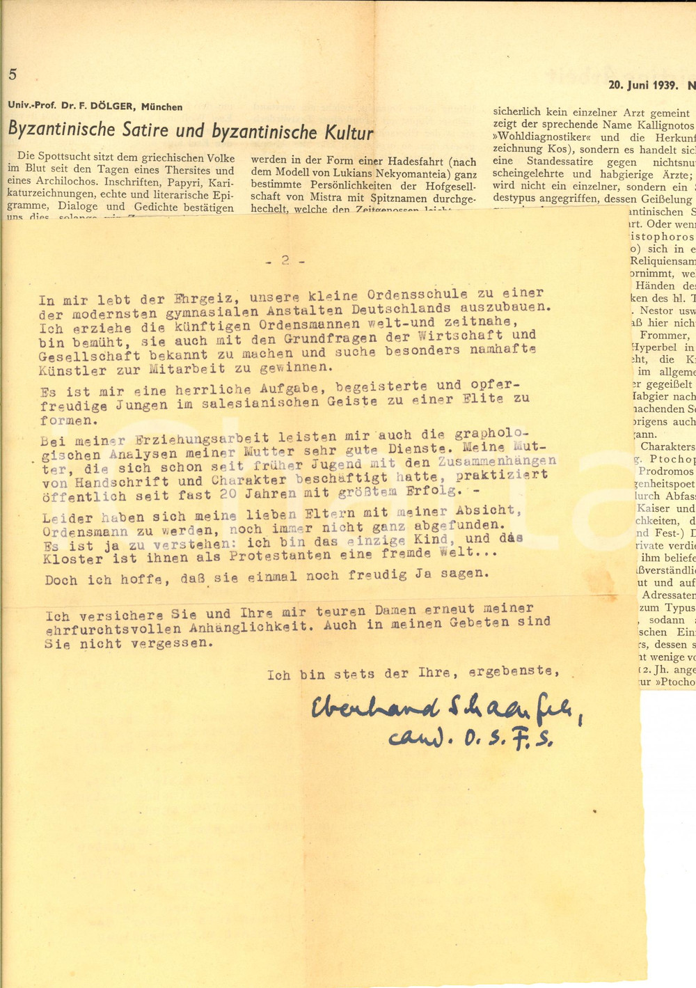 Autografo originale 1947 EICHSTAETT Lettera Eberhard SCHAEUFELE con invio articolo  AUTOGRAFO 1