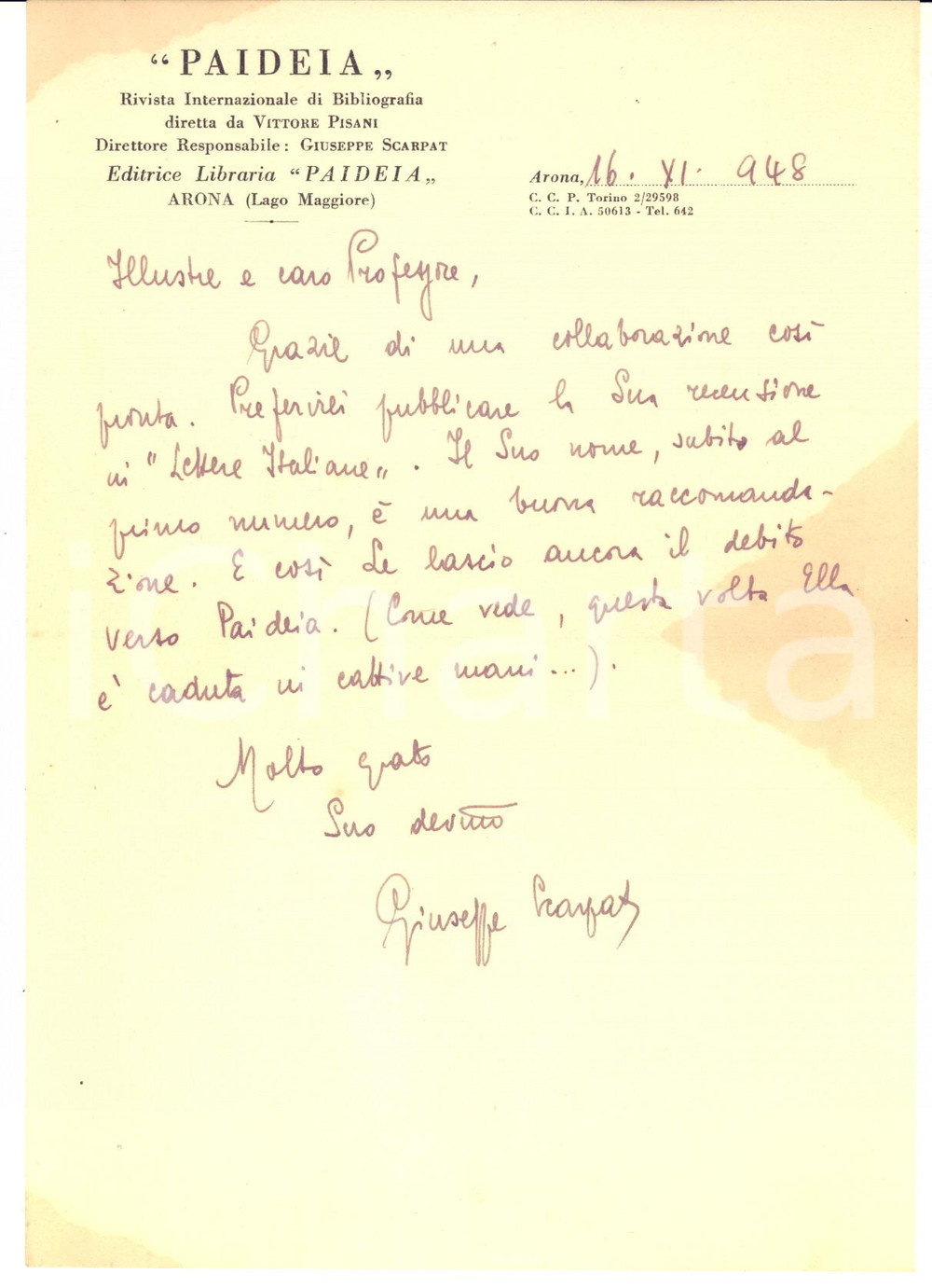 Autografo originale 1948 ARONA Lettera Giuseppe SCARPATI per pubblicazione articolo  AUTOGRAFO 1