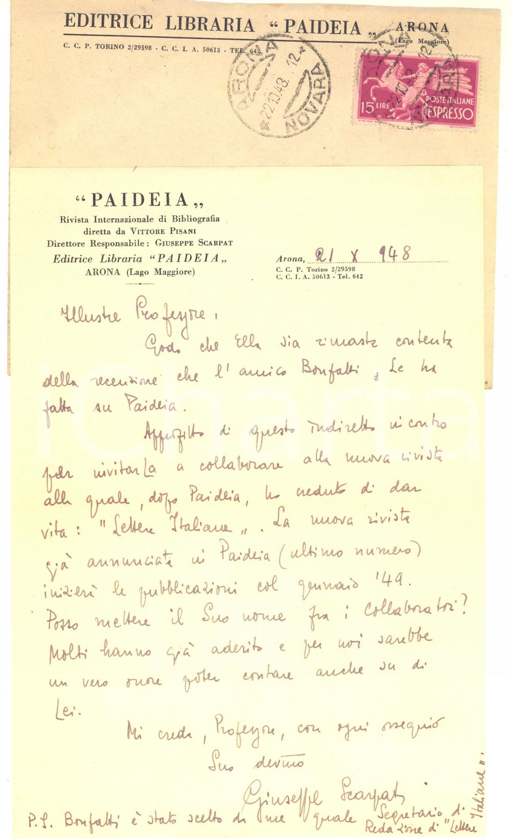 Autografo originale 1948 ARONA  PAIDEIA  Lettera Giuseppe SCARPATI per collaborazione  AUTOGRAFO 1