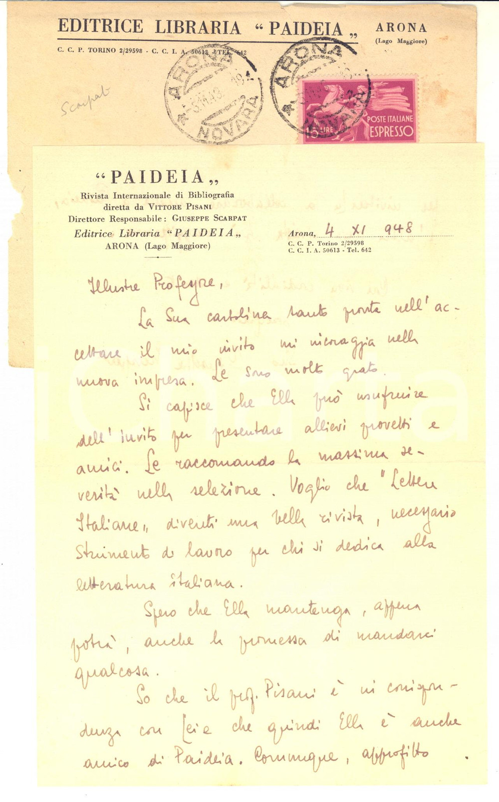 Autografo originale 1948 ARONA  PAIDEIA  Lettera Giuseppe SCARPATI a un collega  AUTOGRAFO 1