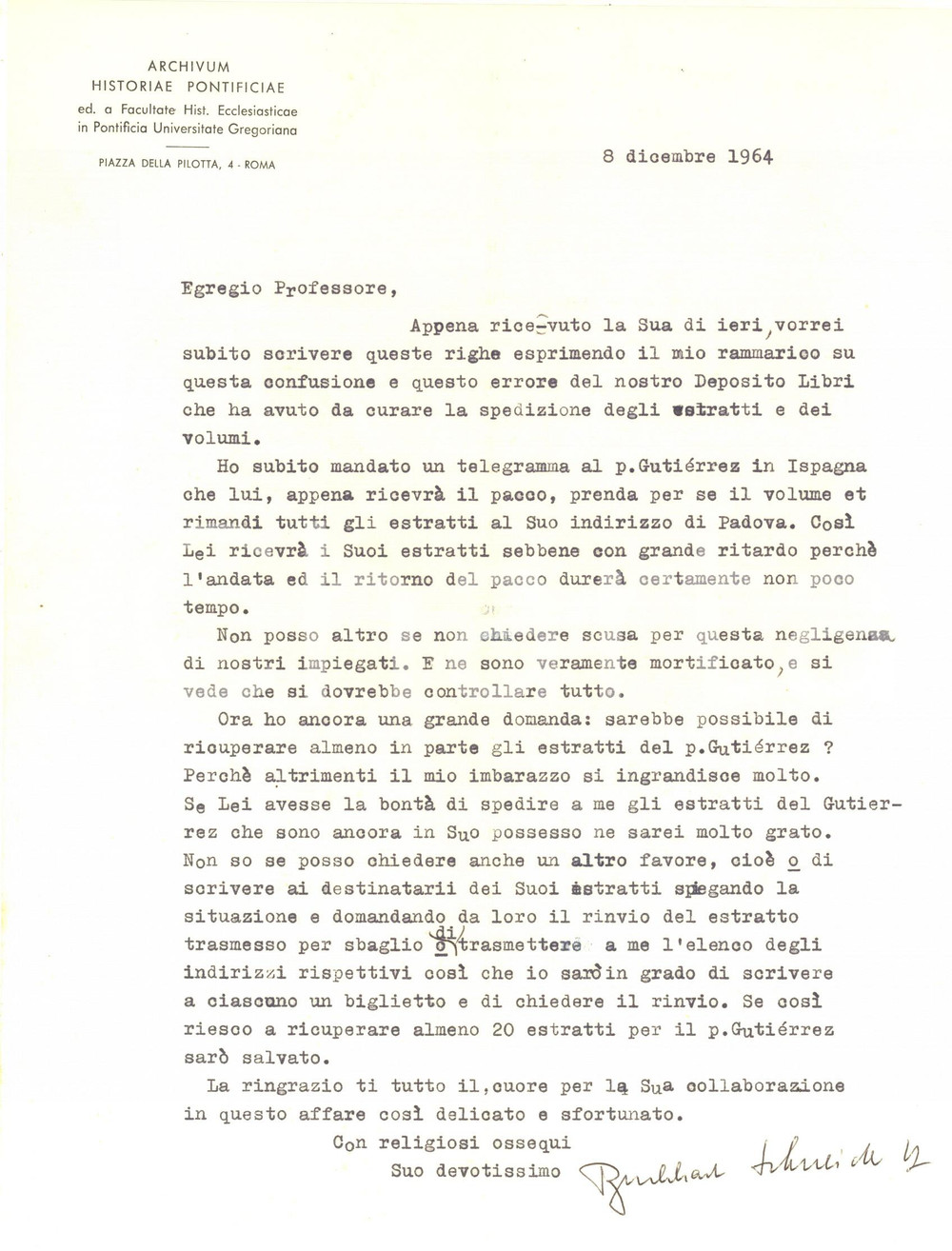 Autografo originale 1964 ROMA Padre Burkhart SCHNEIDER  Archivum Historiae Pontificiae  AUTOGRAFO 1