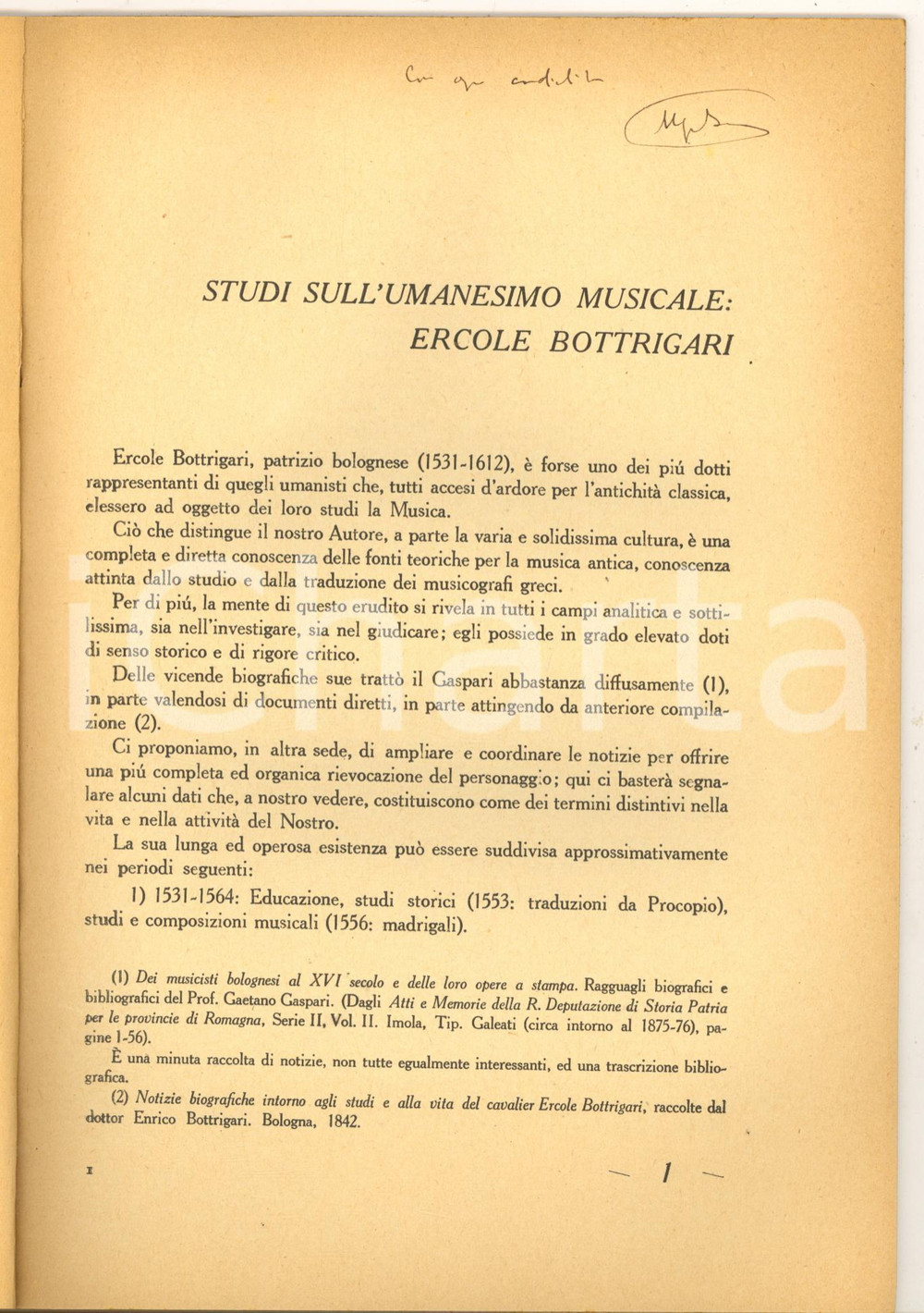 Libro, pubblicazione d epoca 1941 Ugo SESINI Studi sull Umanesimo musicale  Ercole Bottrigari  AUTOGRAFO 1