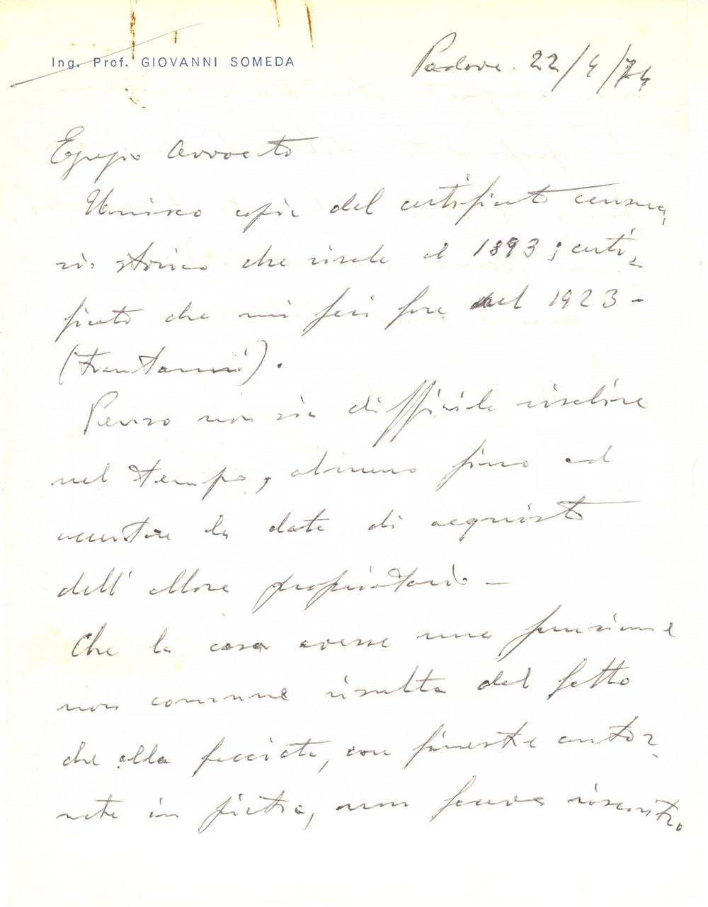 Autografo originale 1974 PADOVA Lettera ing. Giovanni SOMEDA sulla struttura di una casa  AUTOGRAFO 1