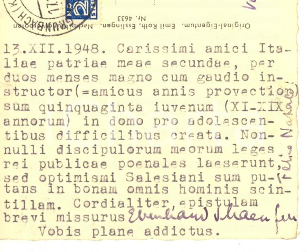 1948 SCHNAIT IM REMSTAL Cartolina Eberhard F. SCHAEUFELE  - AUTOGRAFO FP VG Cartolina postale con messaggio dattiloscritto e firma autografa, viaggiata.CONDIZIONI: FAIR (piegature marginali e minimo strappo al margine superiore)    originale e autentica 1