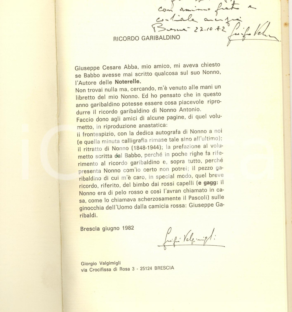 Libro, pubblicazione d epoca 1982 BRESCIA Giorgio VALGIMIGLI Ricordo garibaldino  Invio AUTOGRAFO 1
