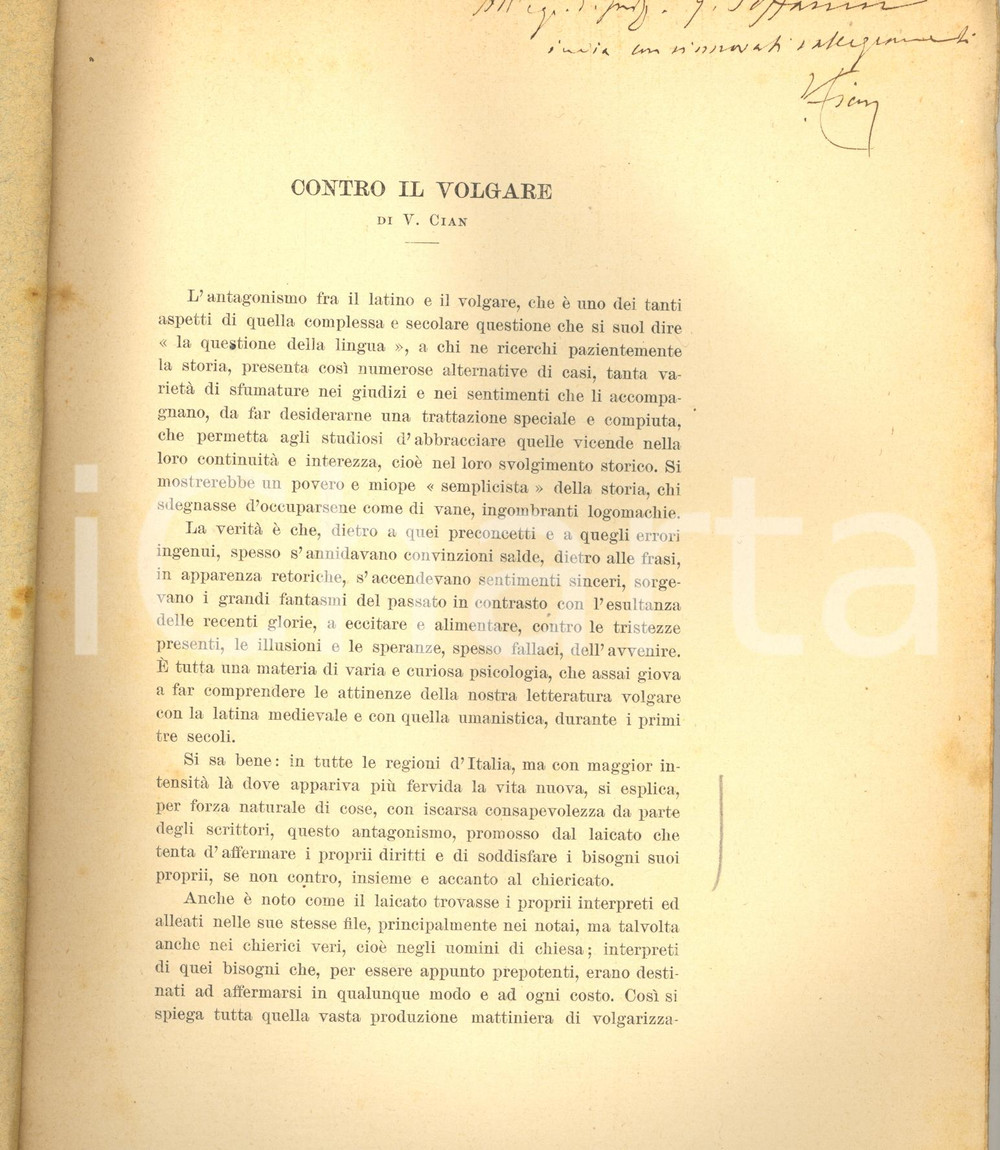 Libro, pubblicazione d epoca 1911 Vittorio CIAN Contro il volgare  Estratto con invio autografo 1