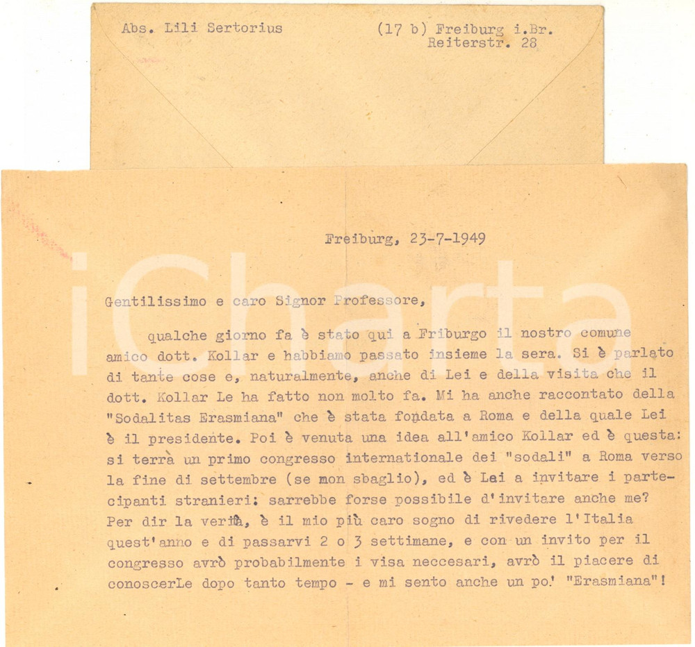 Autografo originale 1949 FREIBURG Lili SERTORIUS chiede invito per un congresso  AUTOGRAFO 1