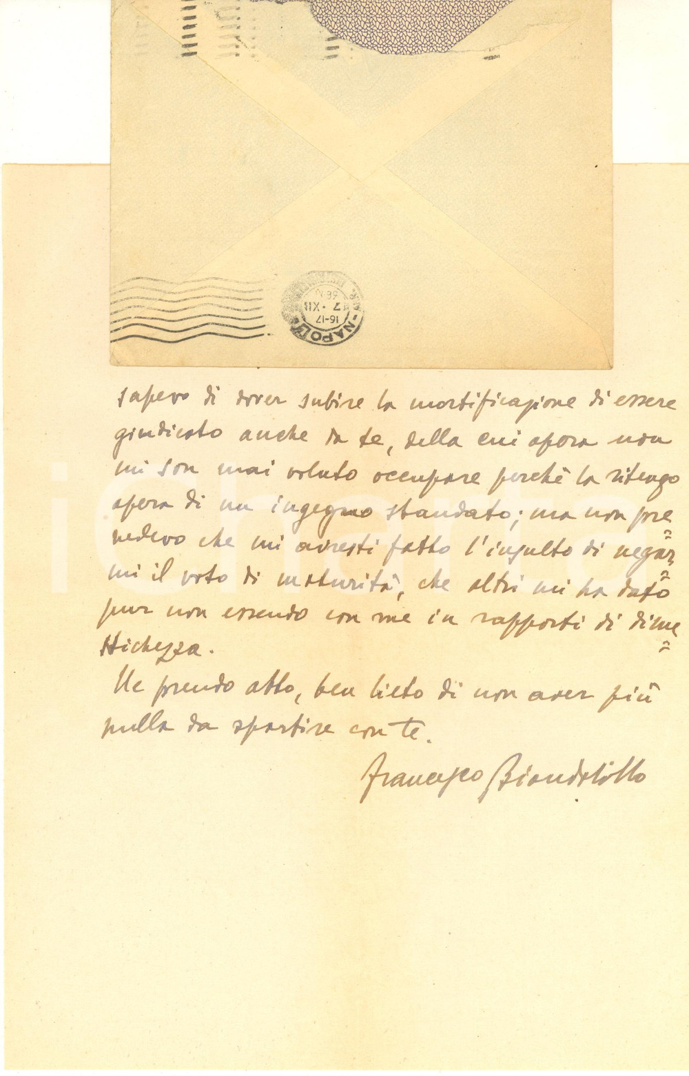Autografo originale 1936 ROMA Francesco BIONDOLILLO a un collega di ingegno sbandato  AUTOGRAFO 1