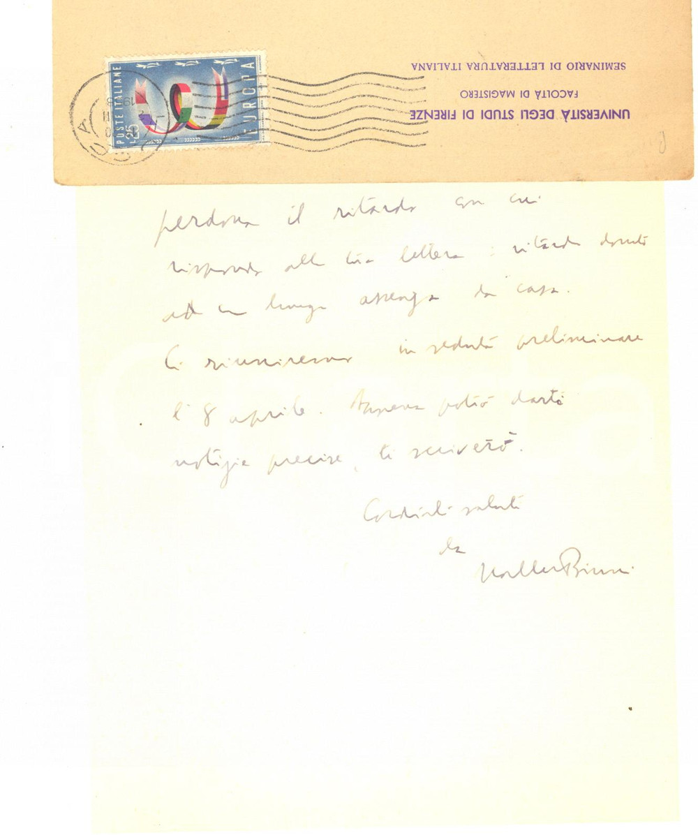 Autografo originale 1958 UNIVERSITA  DI FIRENZE Lettera Walter BINNI a un collega  AUTOGRAFO 1