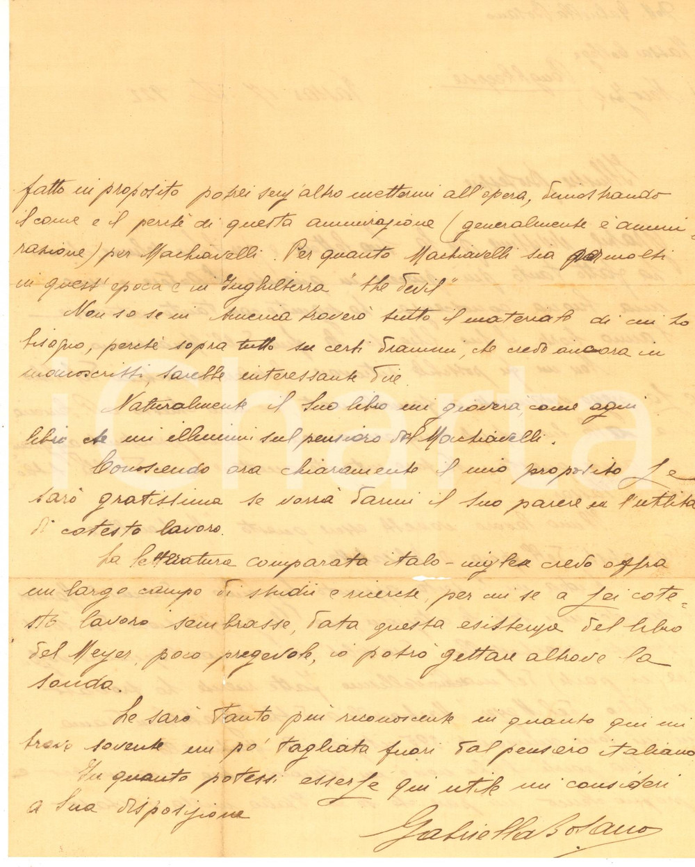 Autografo originale 1922 NEW YORK Gabriella BOSANO progetta studi su Machiavelli  AUTOGRAFO 1