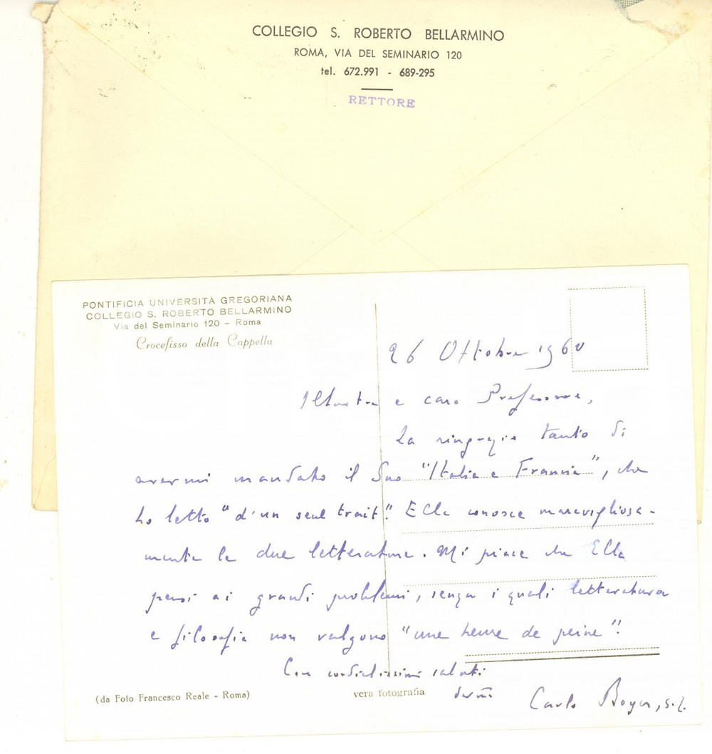 Autografo originale 1960 ROMA Collegio S. Roberto Bellarmino  Cartolina padre Carlo BOYER Autografo 1
