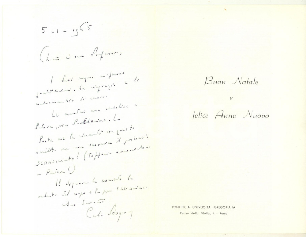 Autografo originale 1965 ROMA Pontificia UniversitÃ  Gregoriana  Padre Carlo BOYER  Autografo 1
