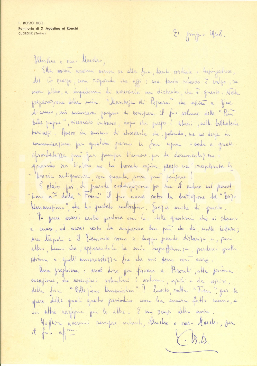 Autografo originale 1948 CUORGNE  Piero BOSIO BOZ al lavoro sulla Marchesa di Pescara   Autografo 1