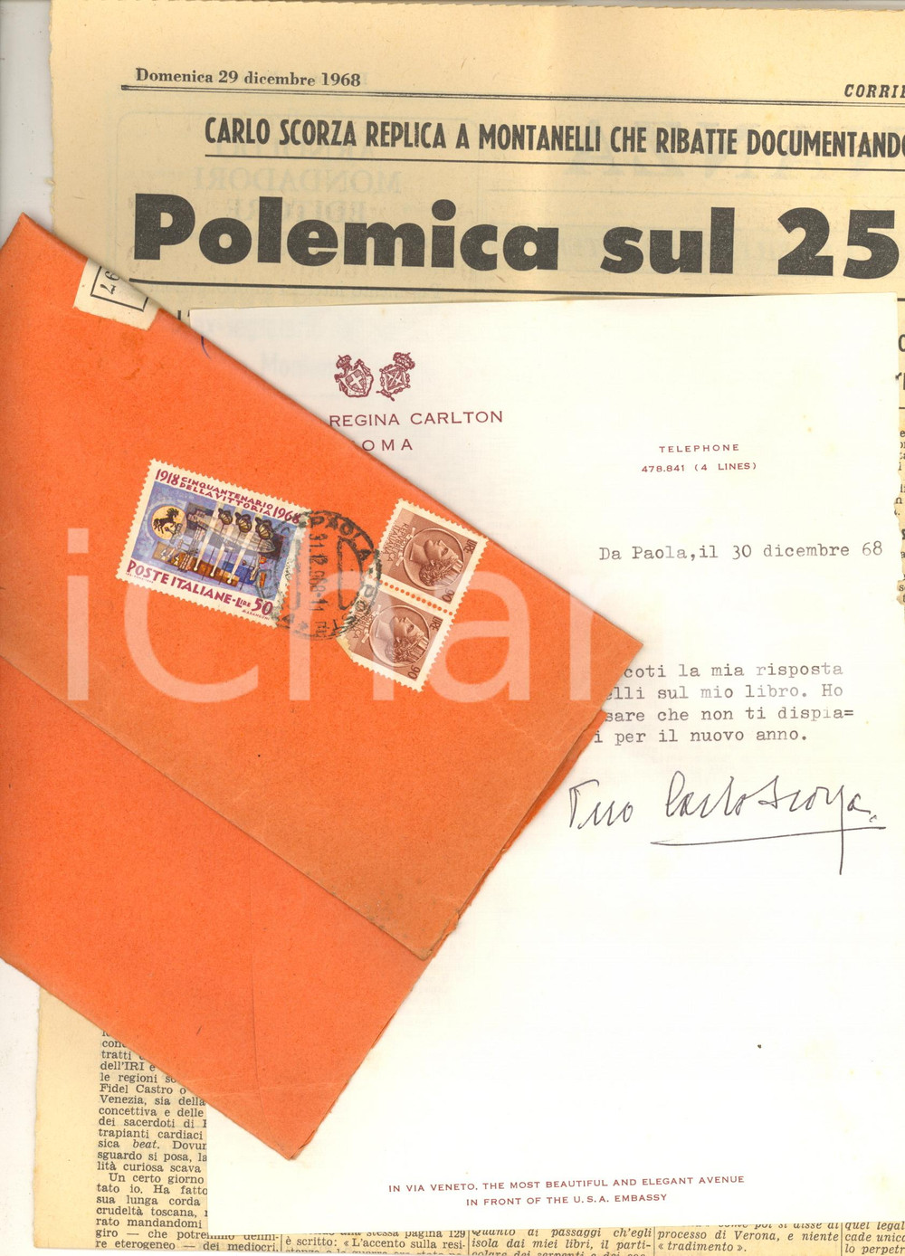 Autografo originale 1968 PAOLA  Lettera di Carlo SCORZA su risposta a Indro Montanelli  Autografo 1