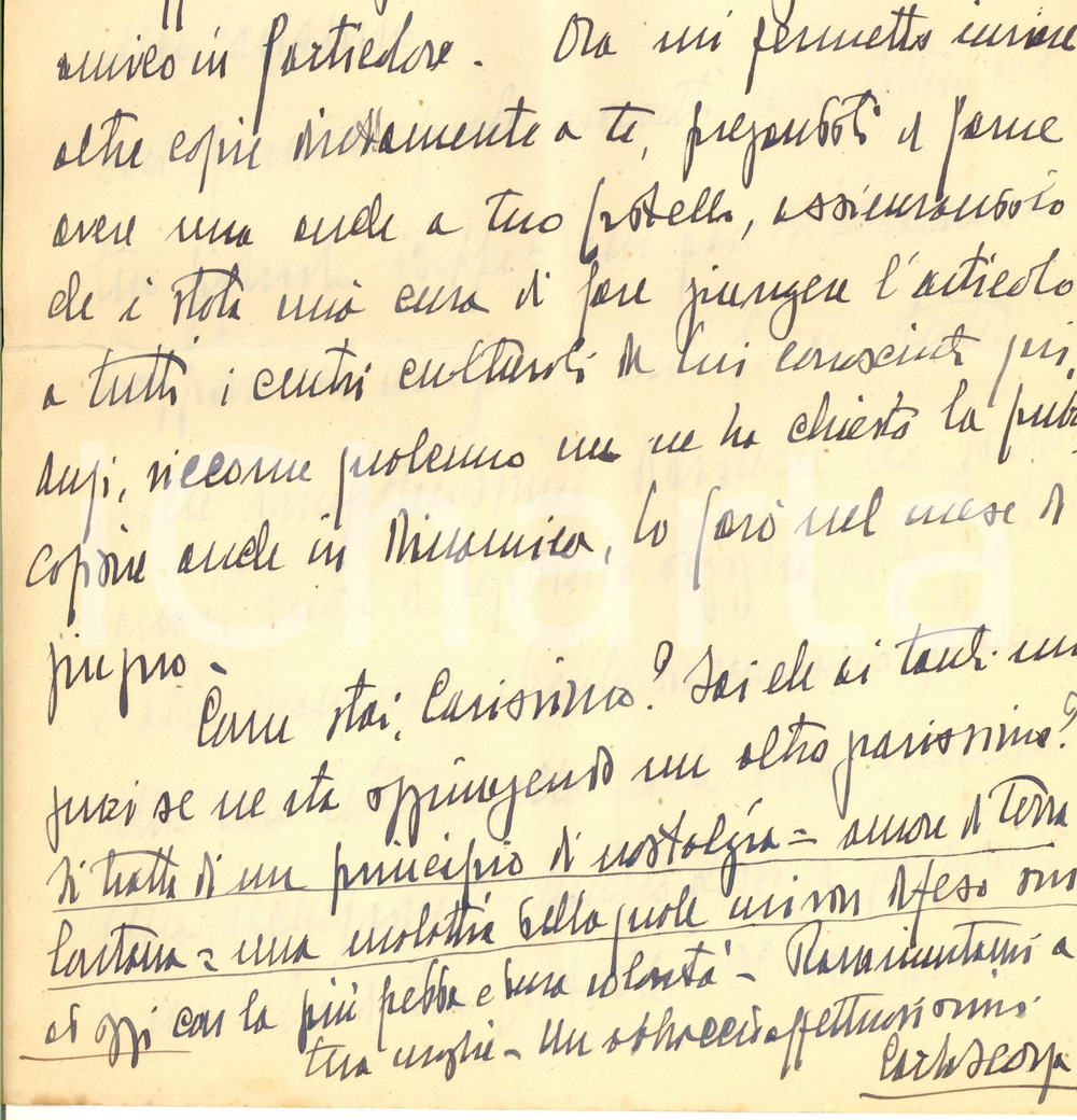 1959 BUENOS AIRES  Lettera Carlo SCORZA per collaborazione a rivista - Autografo Lettera interamente autografa di Carlo Scorza, che era stato l'ultimo segretario nazionale del PNF.Scorza scrive a un amico dall'Argentina, chiedendogli notizie in merito agli articoli che attendeva per una collaborazione e lamentando la nostalgia dell'Italia:"...si tratta di un principio di nostalgia - amore di terra lontana - una malattia della quale mi son difeso sino ad oggi con la ferrea e dura volont&agrave;...."Su carta intestata "Centro de Estudios economicos-sociales - Buenos Aires".CONDIZIONI: FAIR (piegature d'epoca e piccoli fori al margine superiore; lievi macchie e residui cartacei)PAGINE: 3    originale e autentica 1