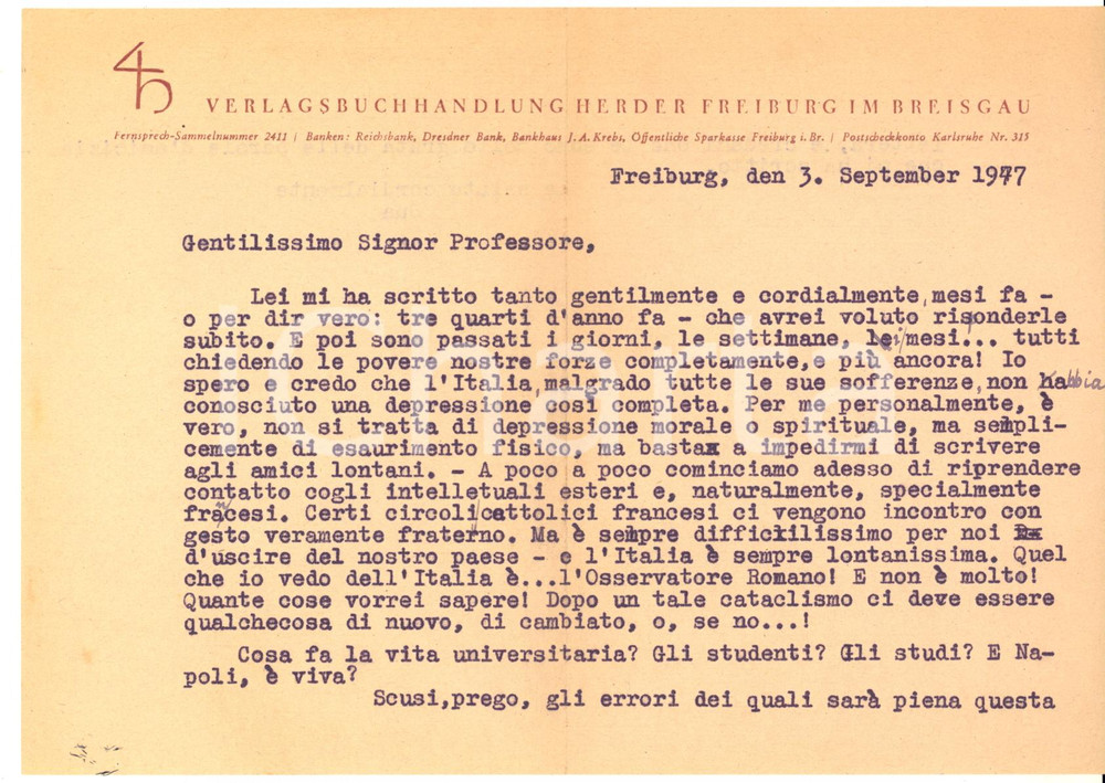 Autografo originale 1947 FRIBURGO Lili SERTORIUS L Italia é in una depressione completa  AUTOGRAFO 1