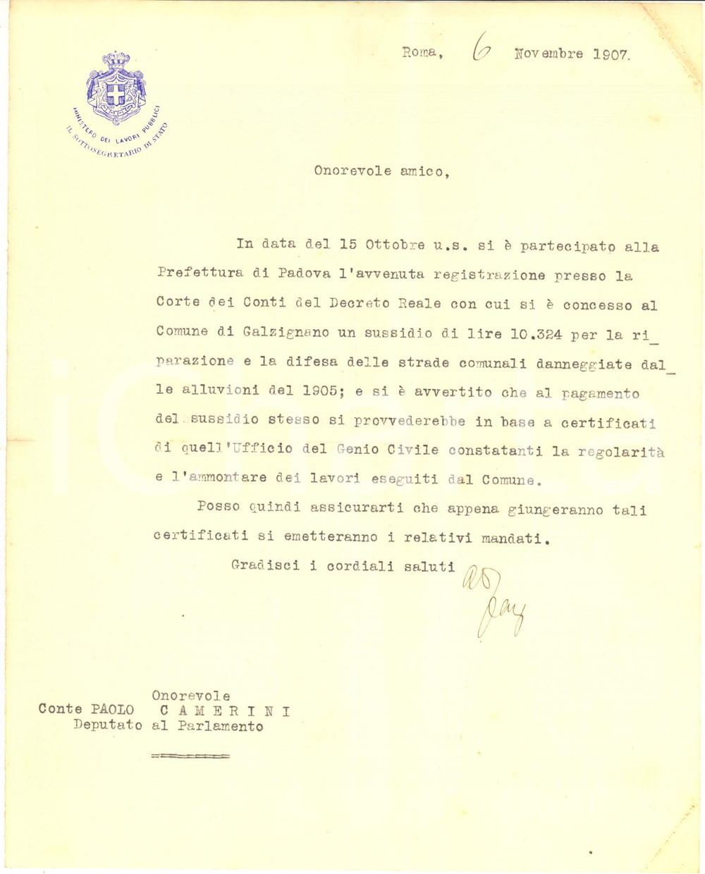 Autografo originale 1907 ROMA Lettera sottosegretario Luigi DARI pro sussidio Galzignano  Autografo 1