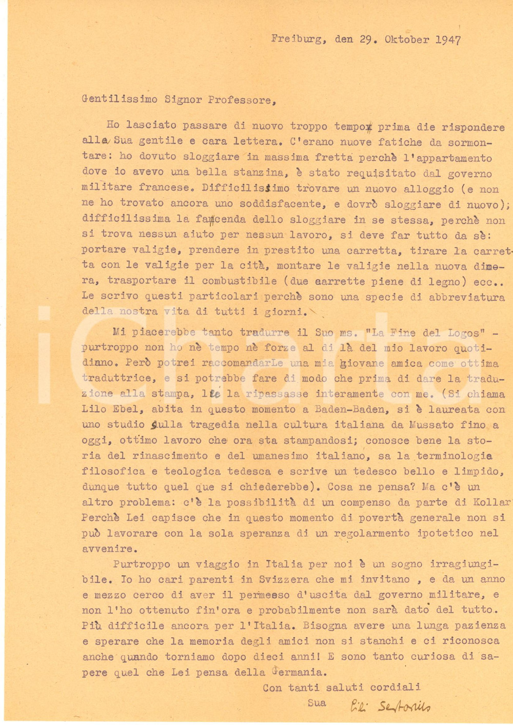 Autografo originale 1947  FREIBURG Lili SERTORIUS nella povertÃ  generale della Germania  AUTOGRAFO 1