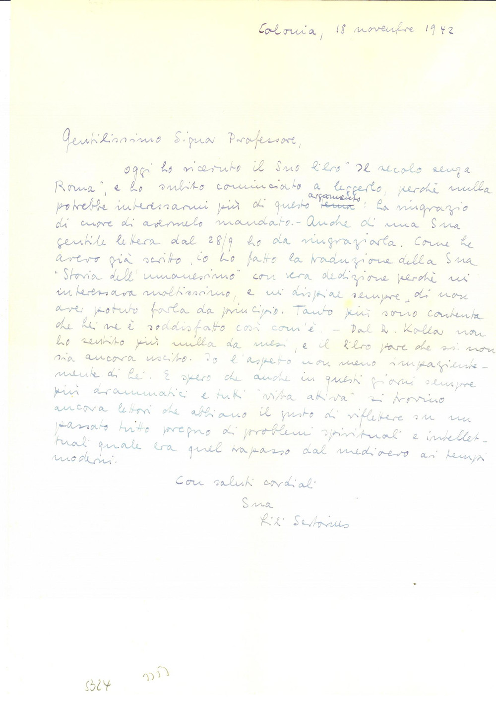 Autografo originale 1942 COLONIA Lili SERTORIUS e il suo lavoro di traduttrice  AUTOGRAFO 1