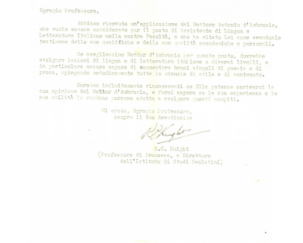 1964 University of WALES - Letter prof. Roy Clement KNIGHT - Autograph Lettera dattiloscritta con firma autografa, su carta intestata dell'universit&agrave;.CONDIZIONI: FAIR (piegature d'epoca)PAGINE: 1    originale e autentica 1
