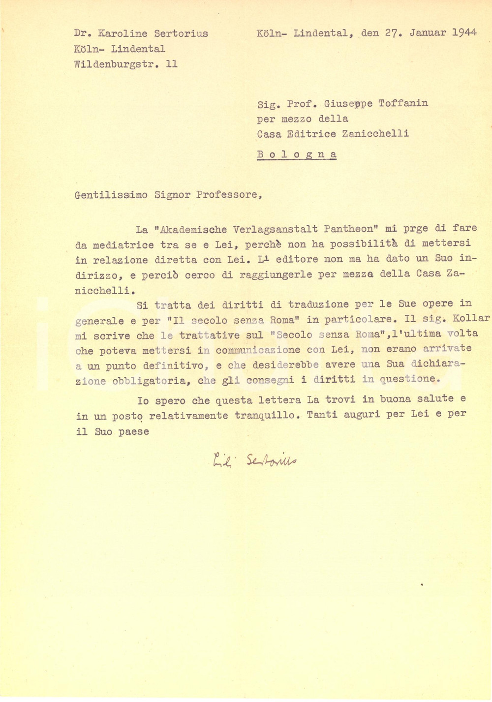 Autografo originale 1944 KOHLN Lettera Lili SERTORIUS per diritti di traduzione  AUTOGRAFO 1
