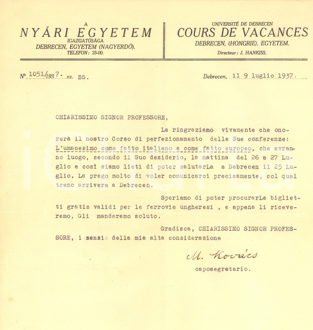 Autografo originale 1937 UniversitÃ  di DEBRECEN  Nyari Egyetem  Lettera Mate KOVACS  Autografo 1