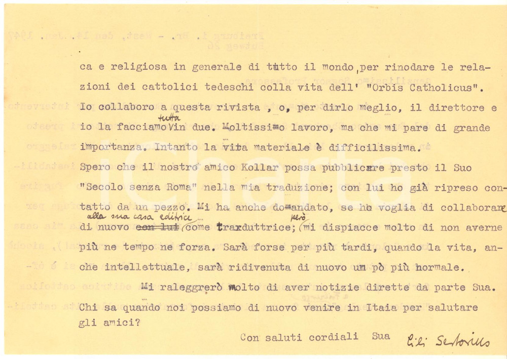 Autografo originale 1947 FREIBURG Lili SERTORIUS Ho fatto la profuga per un anno  AUTOGRAFO 1