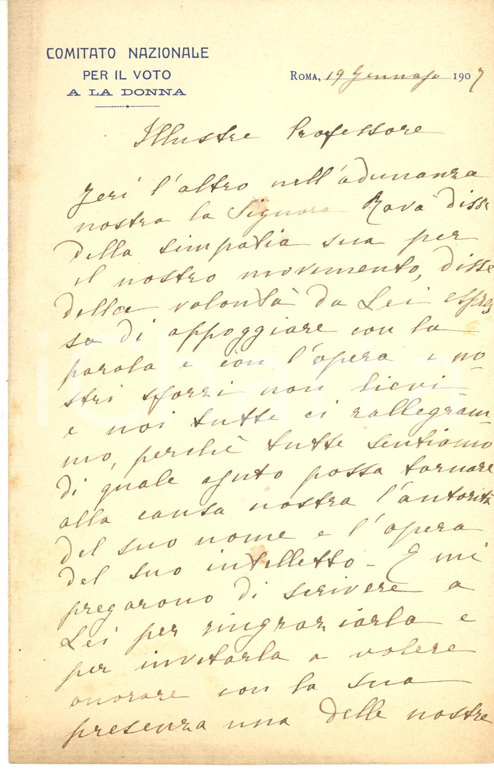 1907 FEMMINISMO ROMA Giacinta MARTINI MARESCOTTI pro voto alle donne - Autografo Lettera interamente autografa della contessa Giacinta Martini Marescotti, presidentessa del 'Comitato Nazionale per il voto a la donna'.La nobildonna scrive a un docente universitario non meglio identificato per chiedere appoggio al movimento:"...tutte sentiamo di quale ajuto possa tornare alla causa nostra l'autorit&agrave; del suo nome".Su carta intestata.CONDIZIONI: FAIR (piegature d'epoca e minime macchie)PAGINE: 4 (2 scritte)    originale e autentica 1