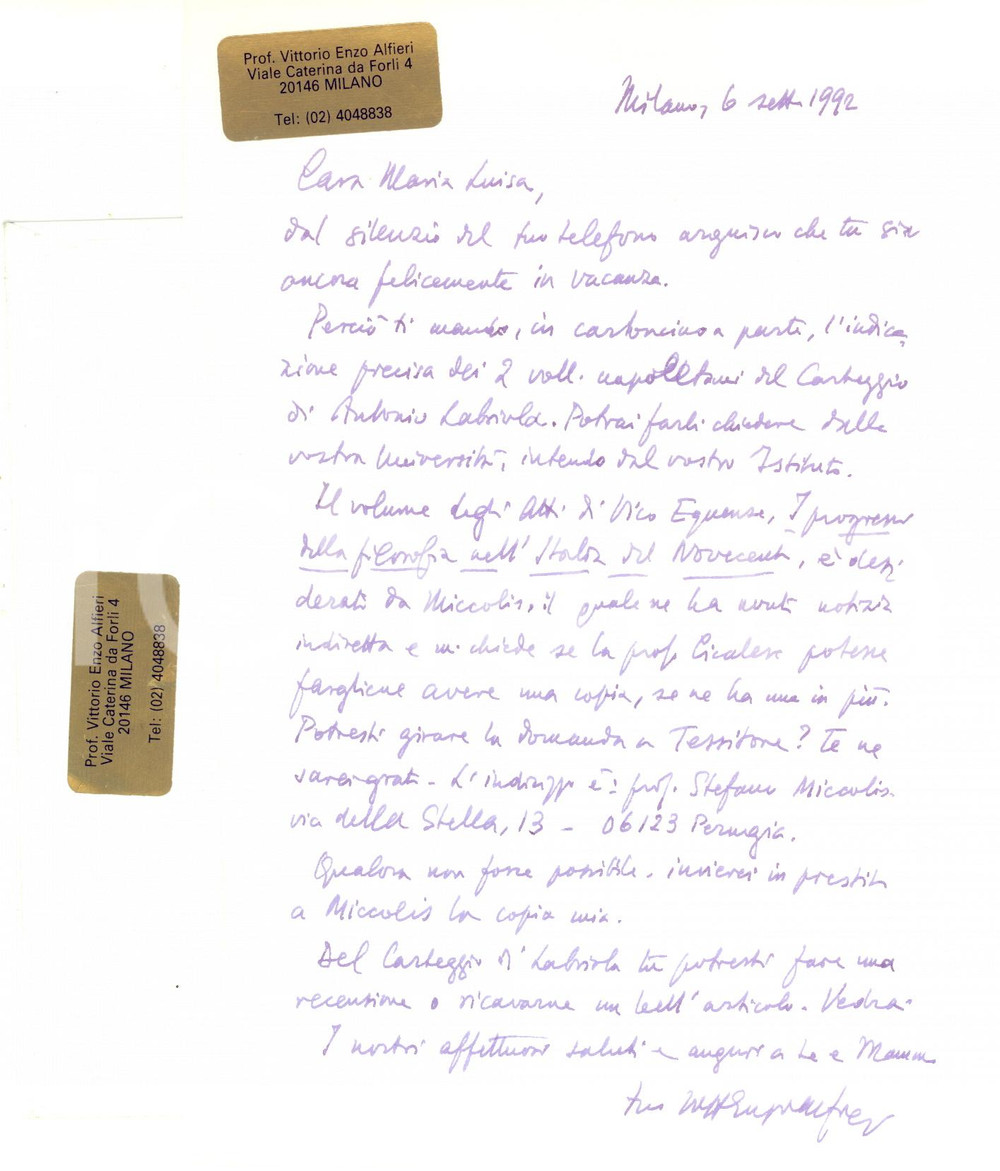 Autografo originale 1992 MILANO Lettera Vittorio Enzo ALFIERI per volumi su Labriola  AUTOGRAFO 1